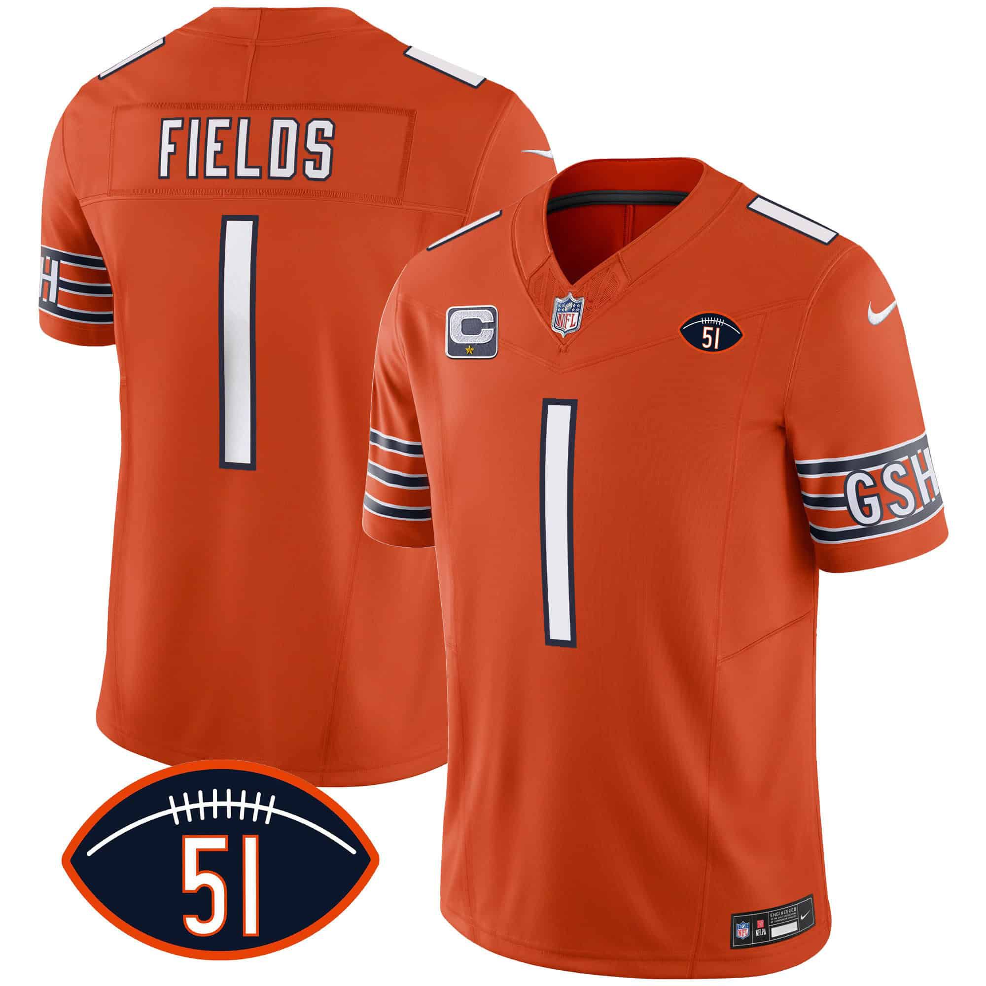 Men Chicago Bears #1 Fields Orange 2024 Nike Patch GSH Vapor NFL Jersey